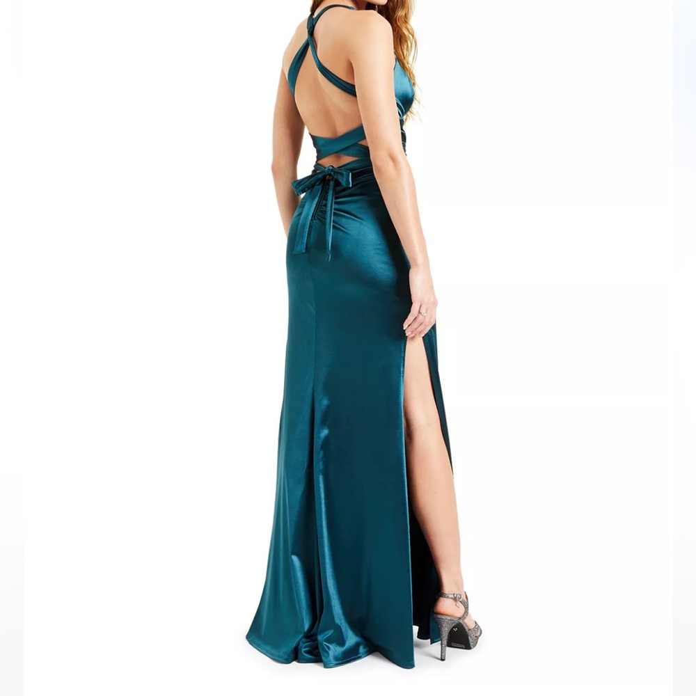 NEW W TAGS Teal Strappy Back Satin Gown - Picture 2 of 11